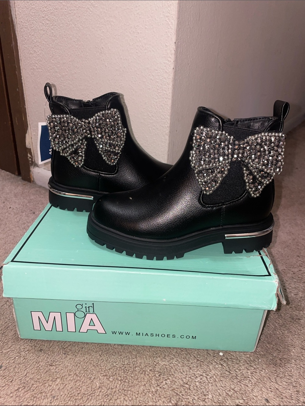 MIA Black Ankle Boots with Crystal Bow Accent